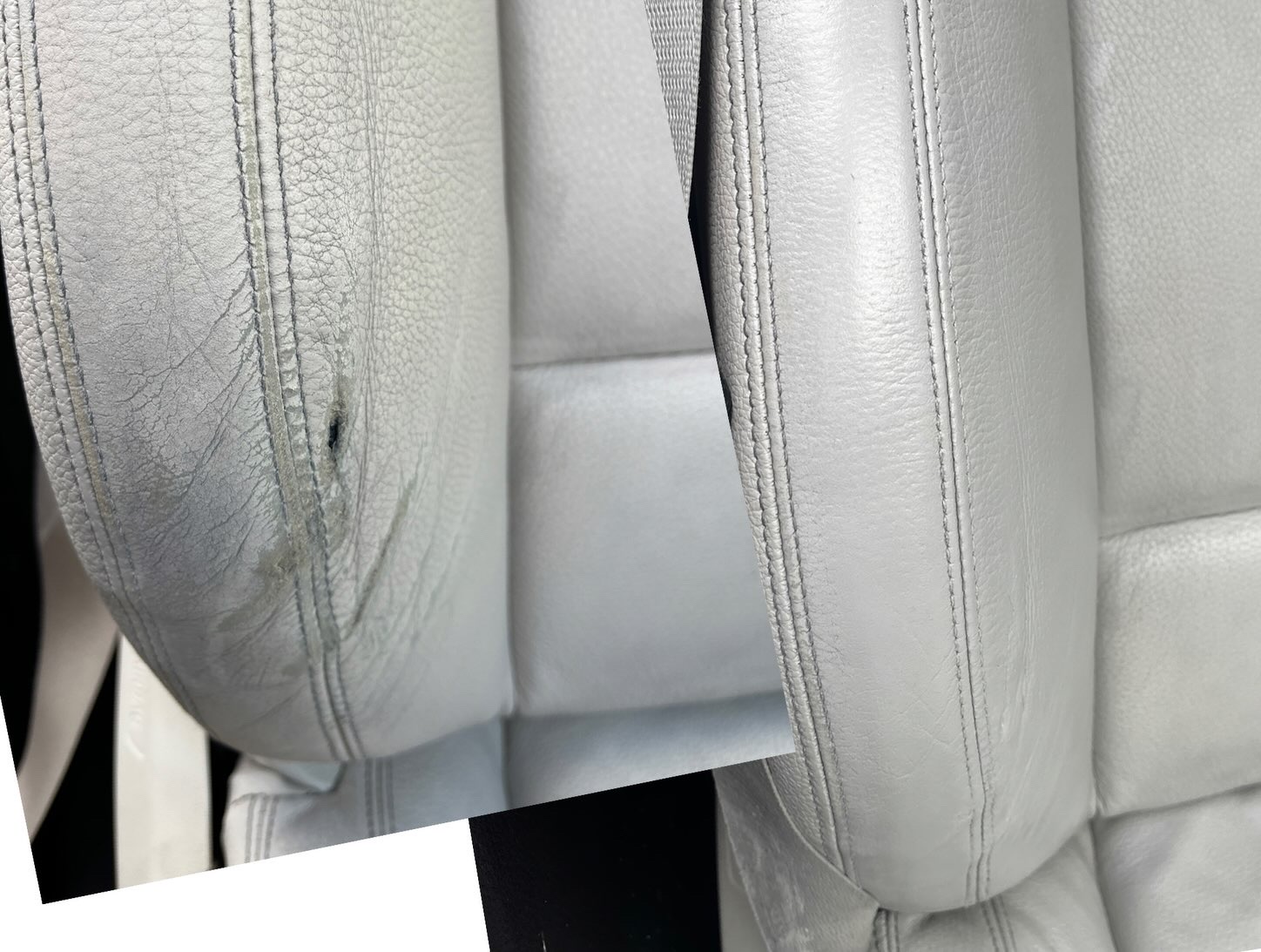 Before and after restoration of a light grey leather car seat bolster by PJ Leather Paint